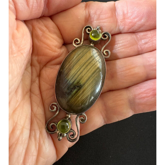 SAJEN Sterling Silver Brooch Pin Pendant Labradorite Green Moonstone Cabochon - Picture 4 of 7